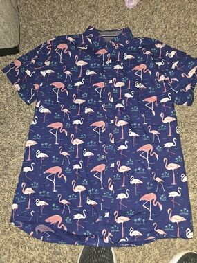 Men's Navy Flamingo Print Short Sleeve Button-Down Shirt